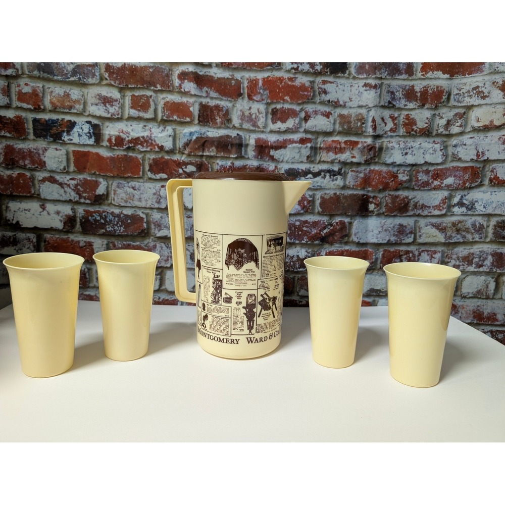 Vintage Montgomery Ward Catalog Print Plastic Pitcher and 4 Tumblers Set Brown